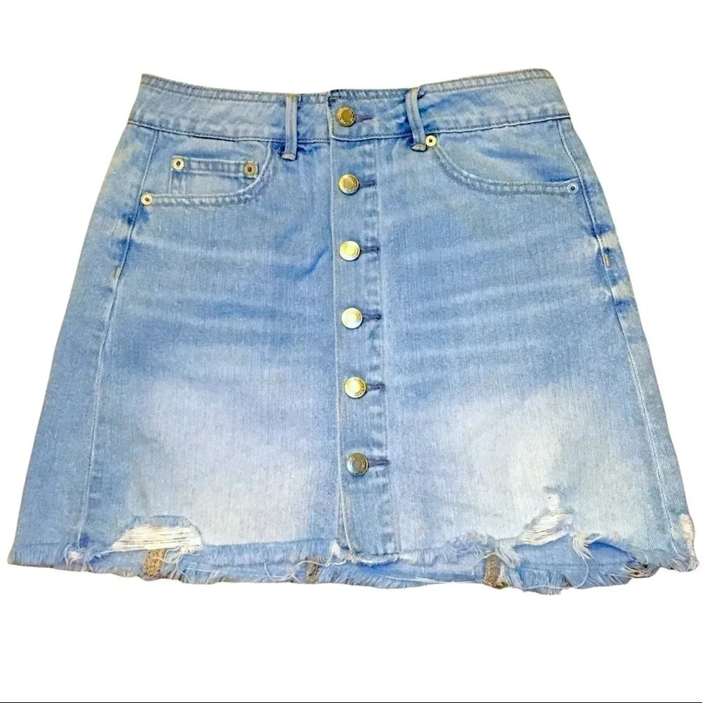 American Eagle Outfitters Light Wash Button Down Distressed Denim Skirt Size 0